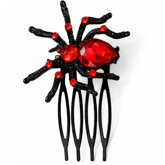 Red Crystal Spider Gothic Hair Comb – Black Witchy Rhinestone Statement Clip