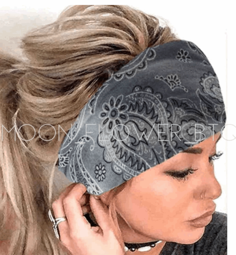 Gray Paisley Bandana Print Turban Headband Ear Warmer