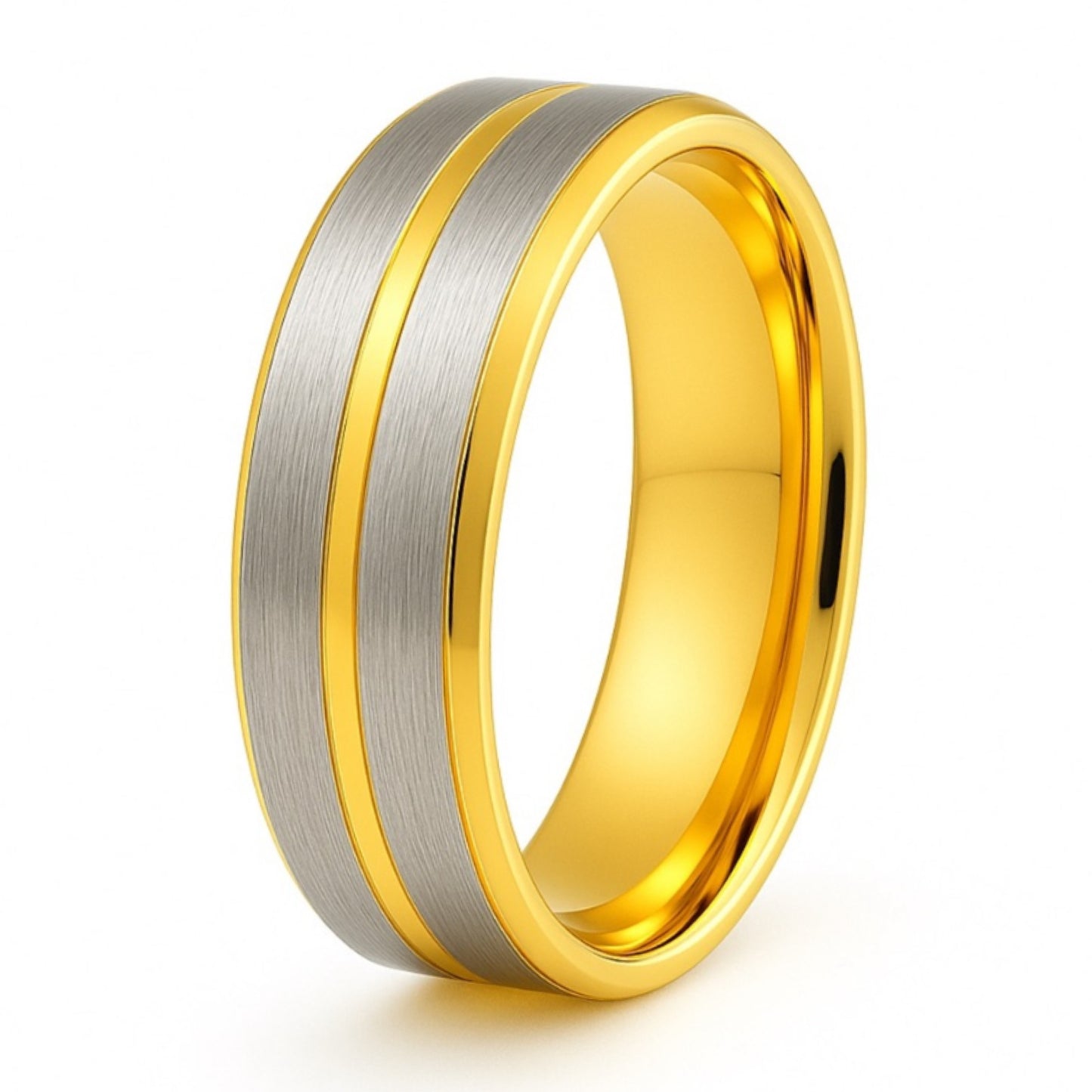Men’s Wedding Band | 8mm Brushed Silver Stainless Steel Ring with Shiny Gold Edges