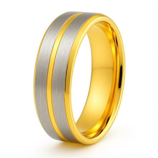 Men’s Wedding Band | 8mm Brushed Silver Stainless Steel Ring with Shiny Gold Edges