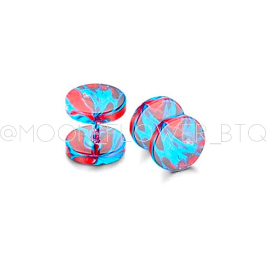 Red Blue Marble Flat Barbell Earrings