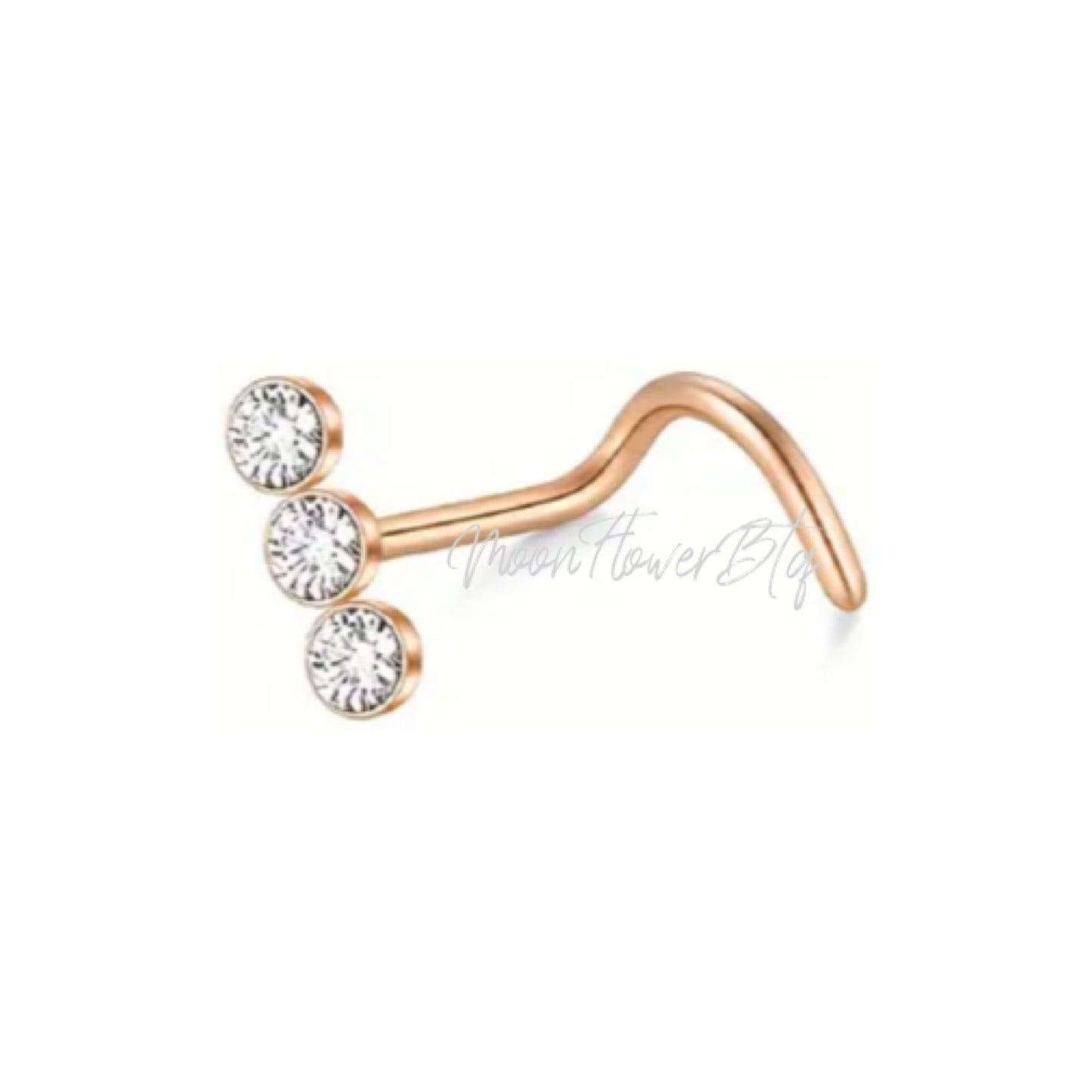 Rose Gold Triple CZ Screw Nose Ring