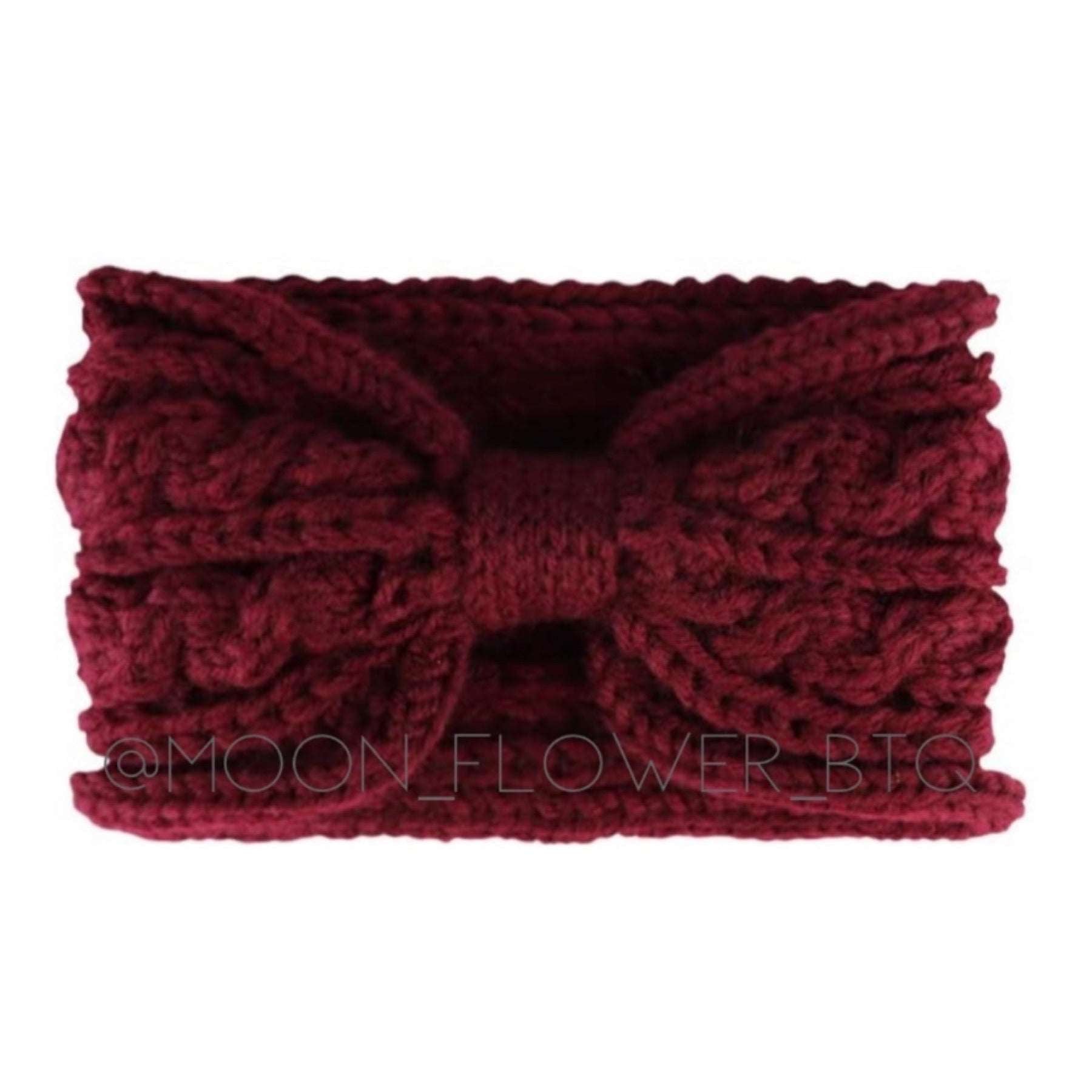 Vegan Chunky Knit Bow Headband Ear Warmer Burgundy