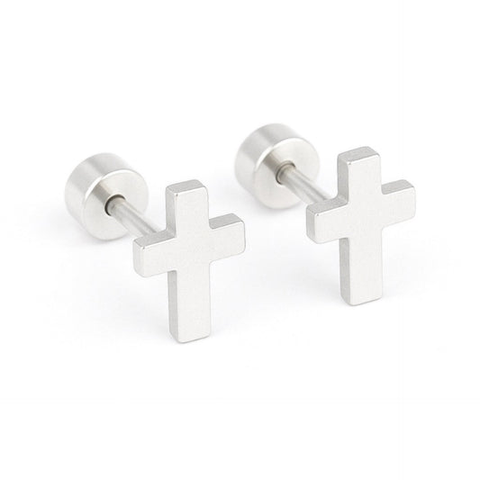 Stainless Steel Cross Flat Back Stud Earrings