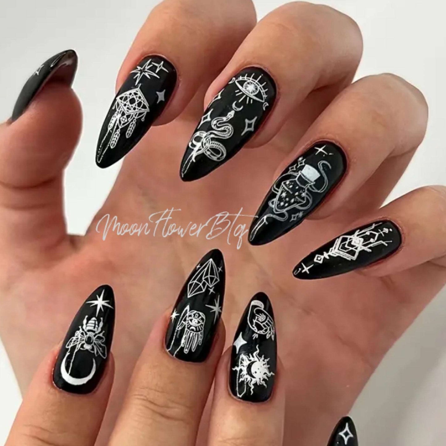 Goth Themed Medium Black Glossy Long Almond Shaped Press-On Nails