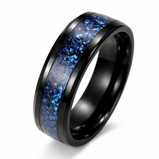 Black Stainless Steel Ring with Blue Inlay Celtic Knot Band