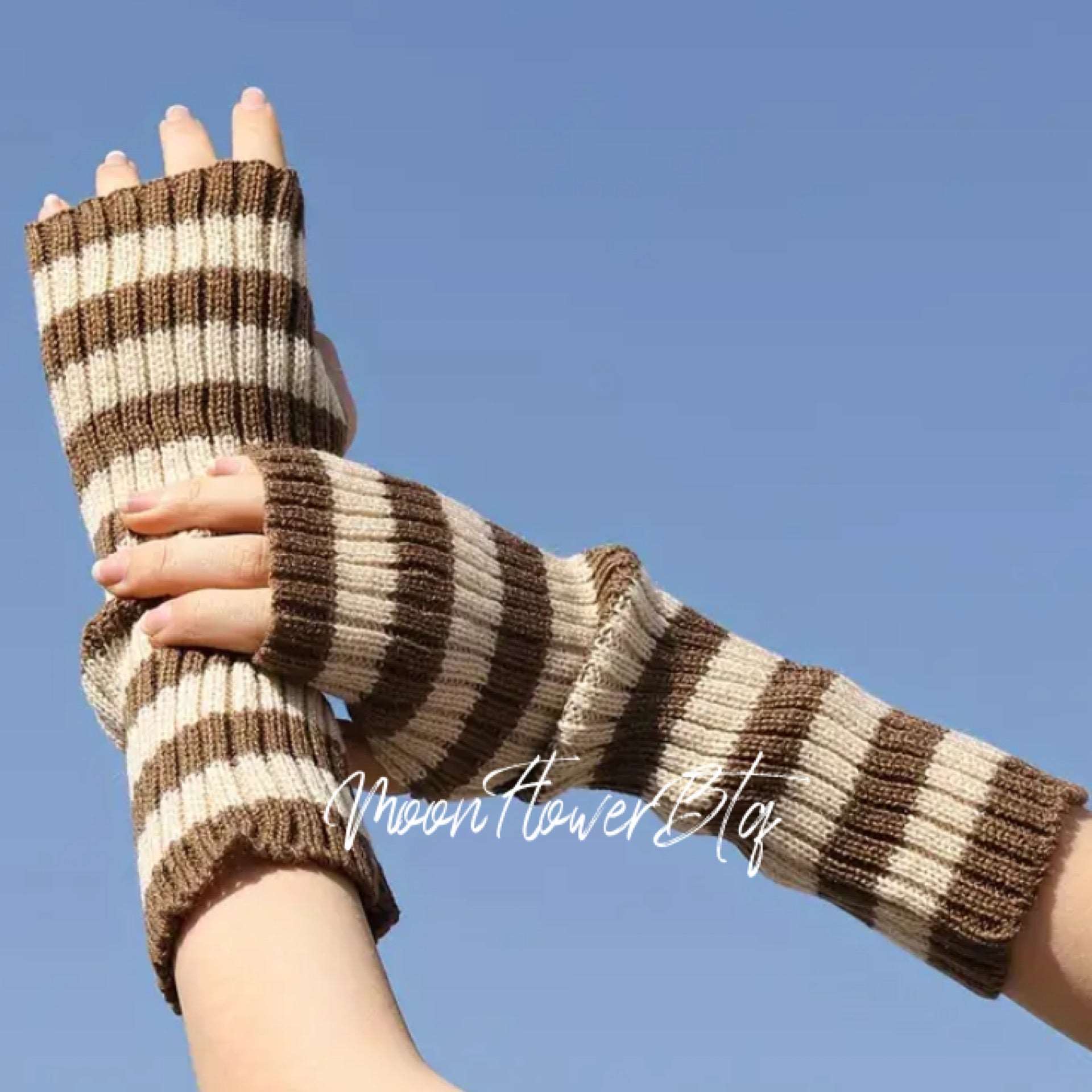 Tan Brown Long Ribbed Knit Fingerless Gloves