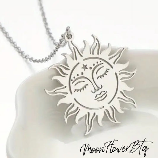 Silver Boho Sun Face Pendant Necklace