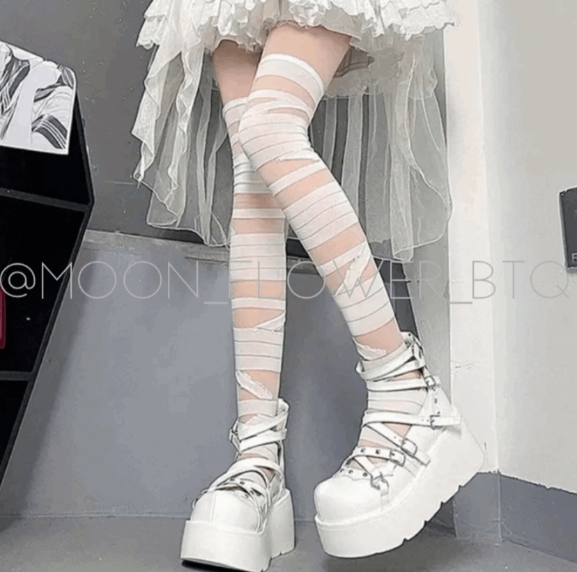 White Strappy Thigh High Over the Knee Stockings