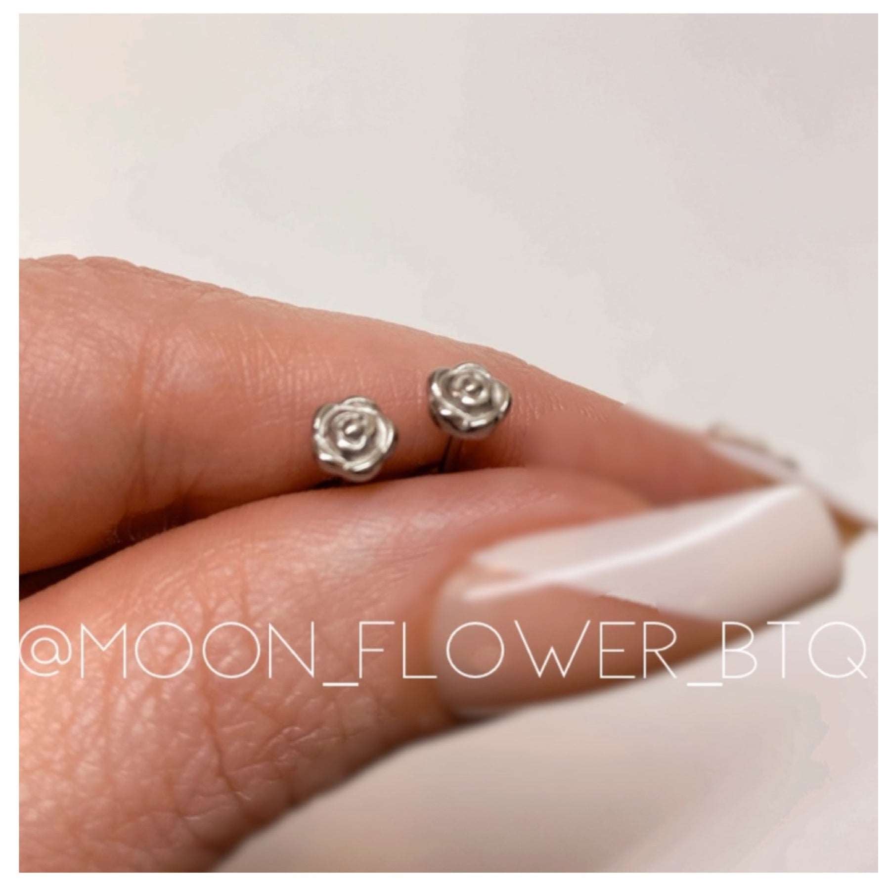 Silver Rose Bud Barbell Earrings