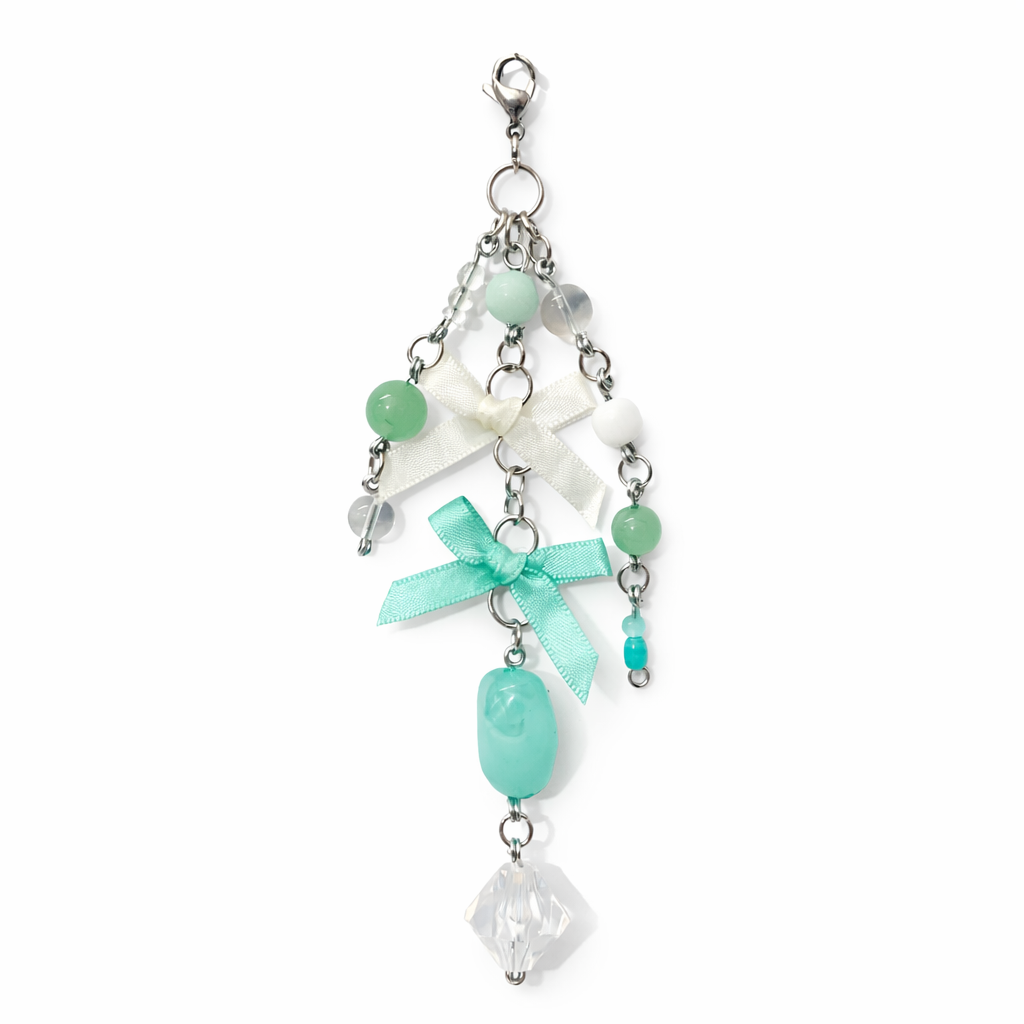 Mint Green Beaded Bow Charm - Bag Charm Keychain Zipper Pull