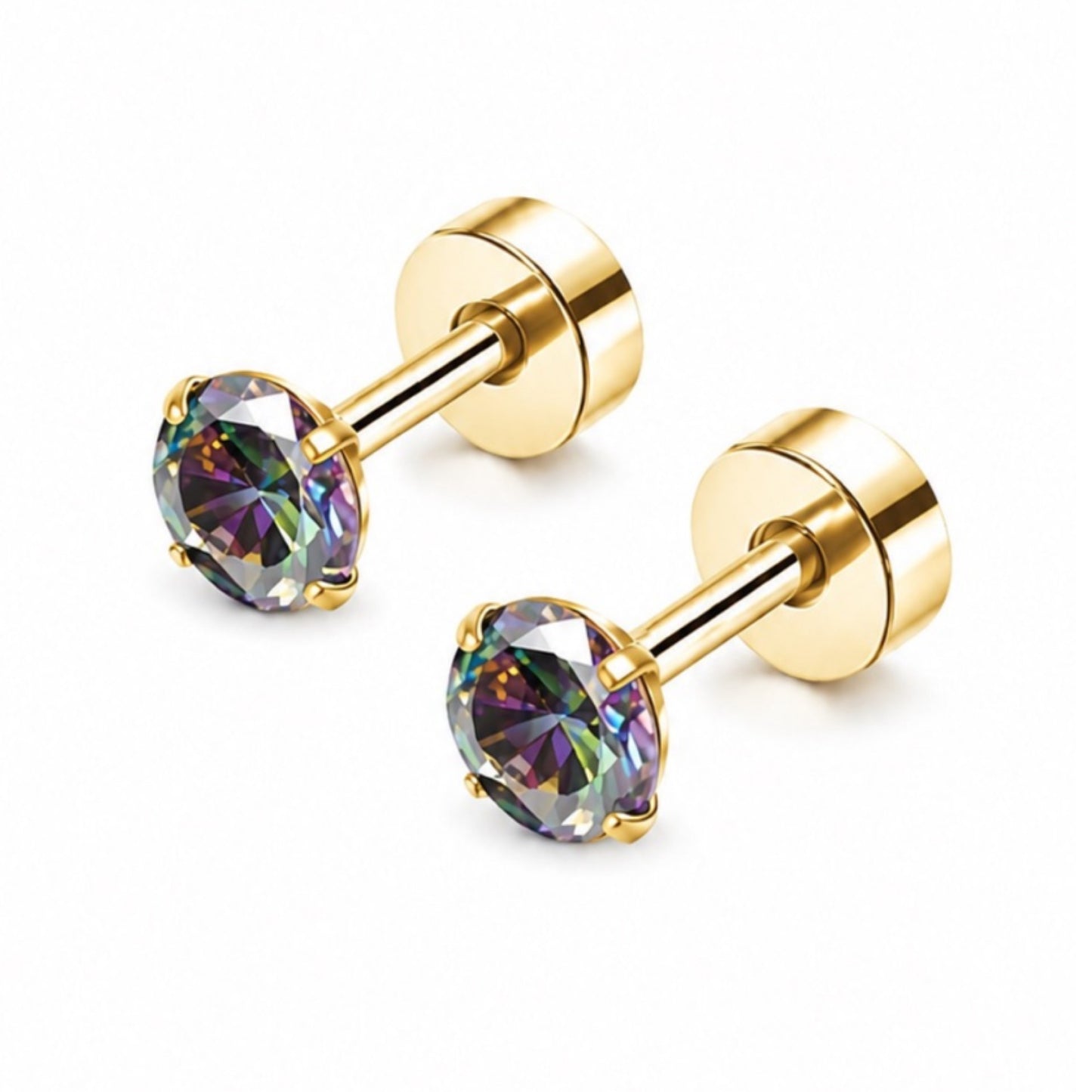 Gold Rainbow CZ Flat Back Stud Earrings
