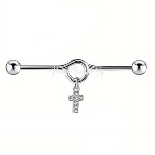 Silver CZ Dangly Cross Industrial Barbell Earring