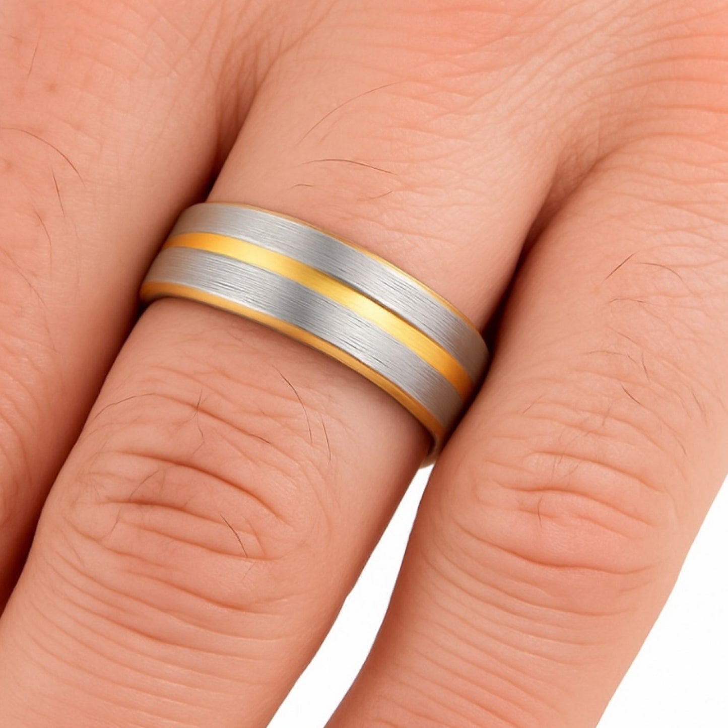Men’s Wedding Band | 8mm Brushed Silver Stainless Steel Ring with Shiny Gold Edges