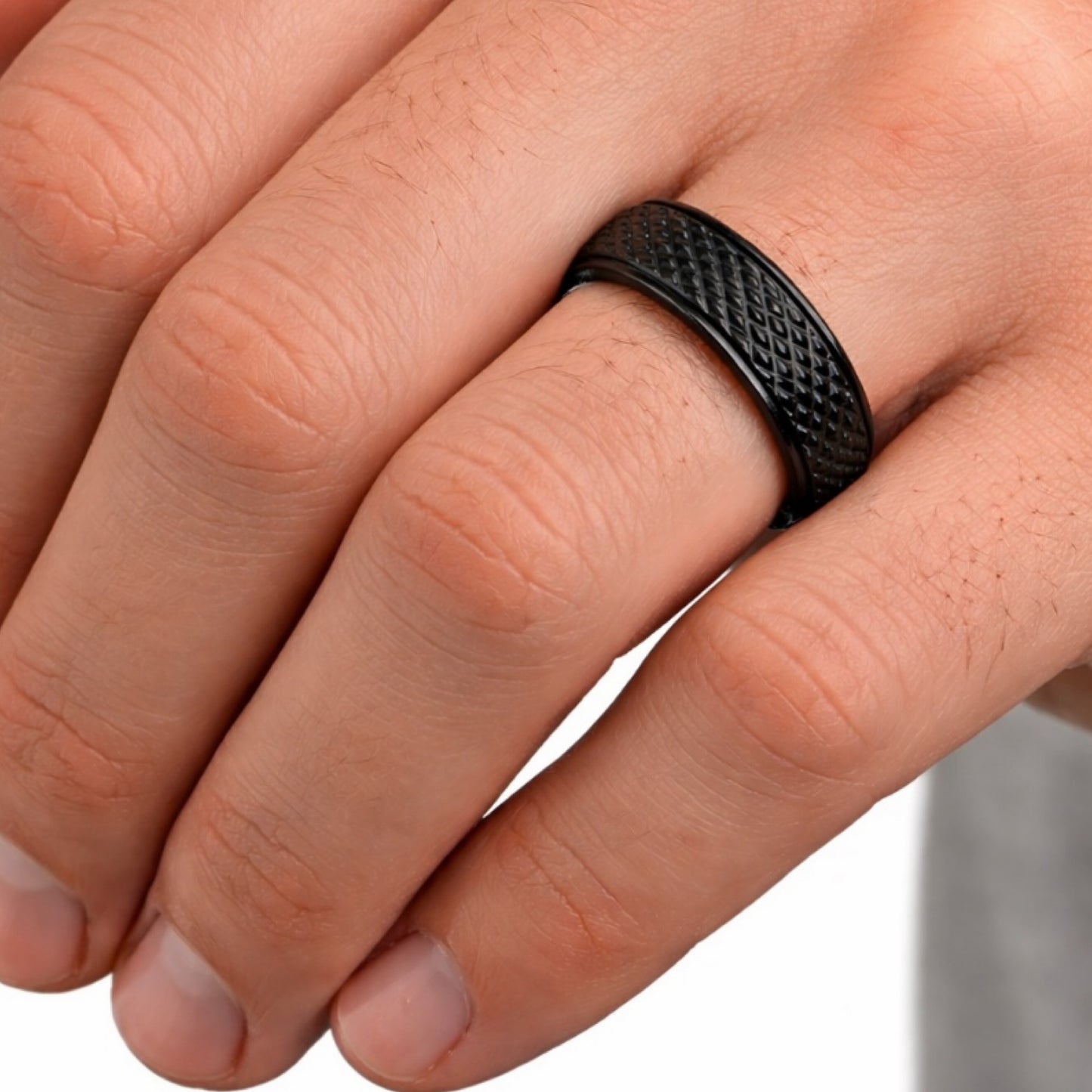 Black Stainless Steel Fidget Spinner Ring – Textured Anxiety Band