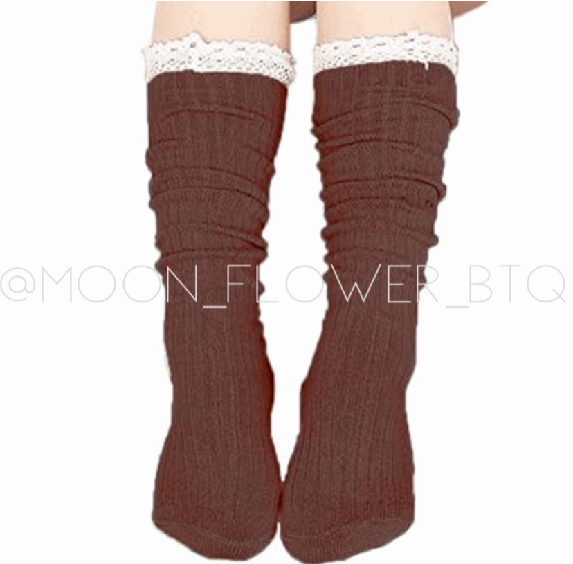 Brown Lace Trim Knit Over the Knee High Socks