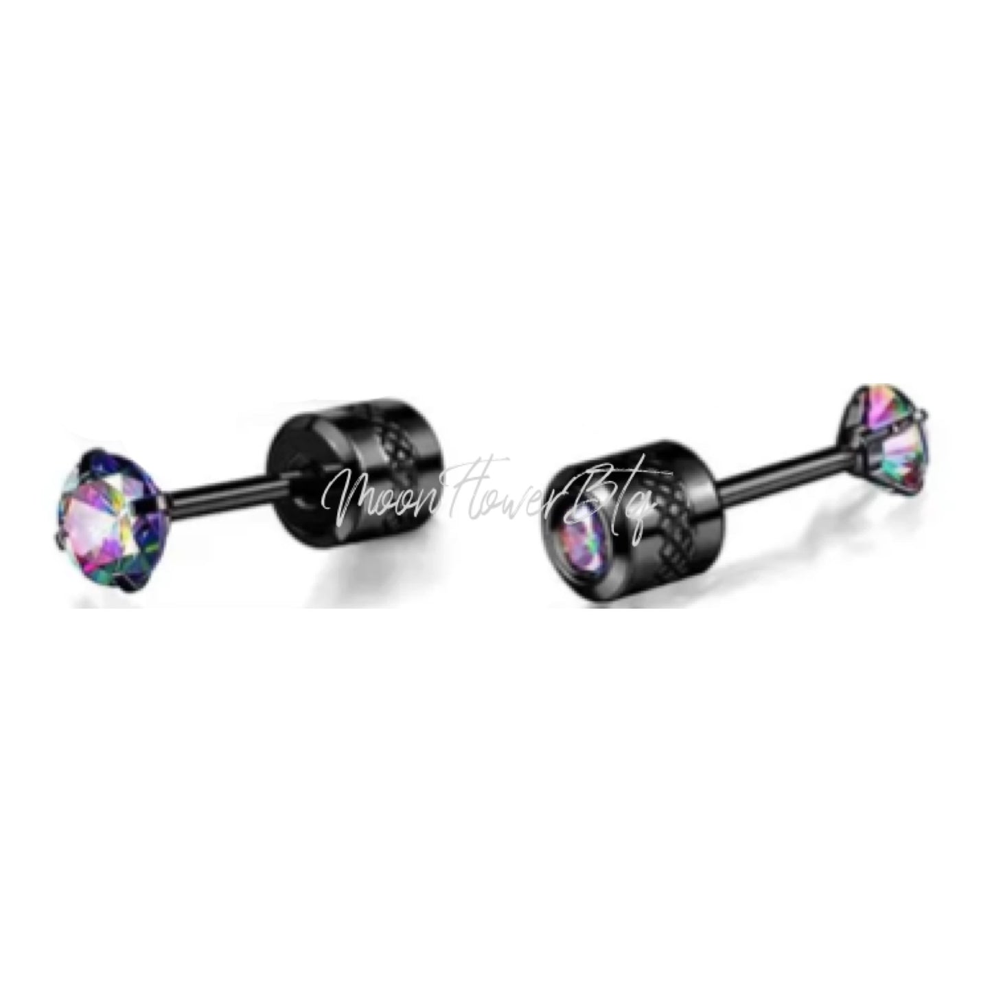 3mm Black Double Ended Rainbow CZ Earrings