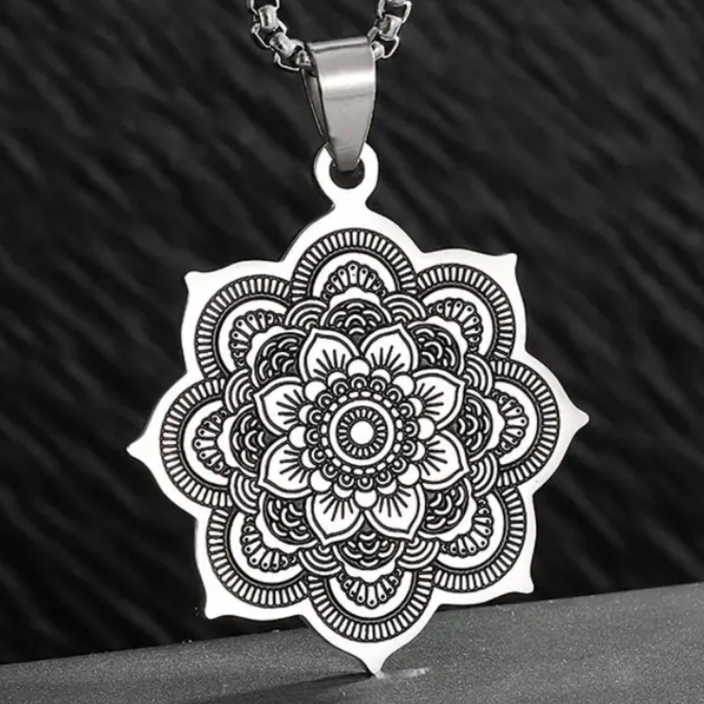 Silver Boho Mandala Flower Pendant Necklace