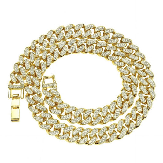 Gold 20” 13mm Cuban Link Chain with Clear CZ – Stainless Steel Iced Out Necklace