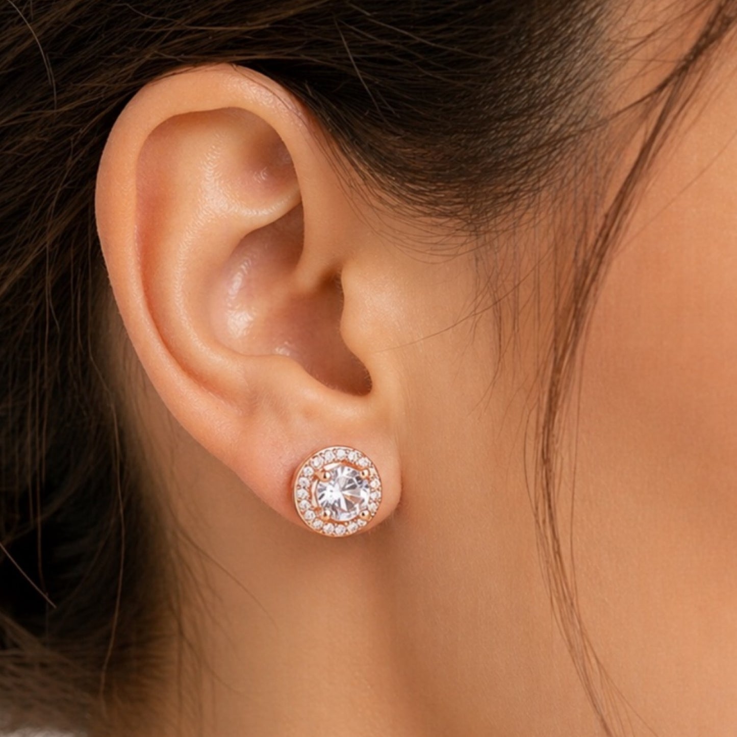 Rose Gold CZ Halo Stud Earrings