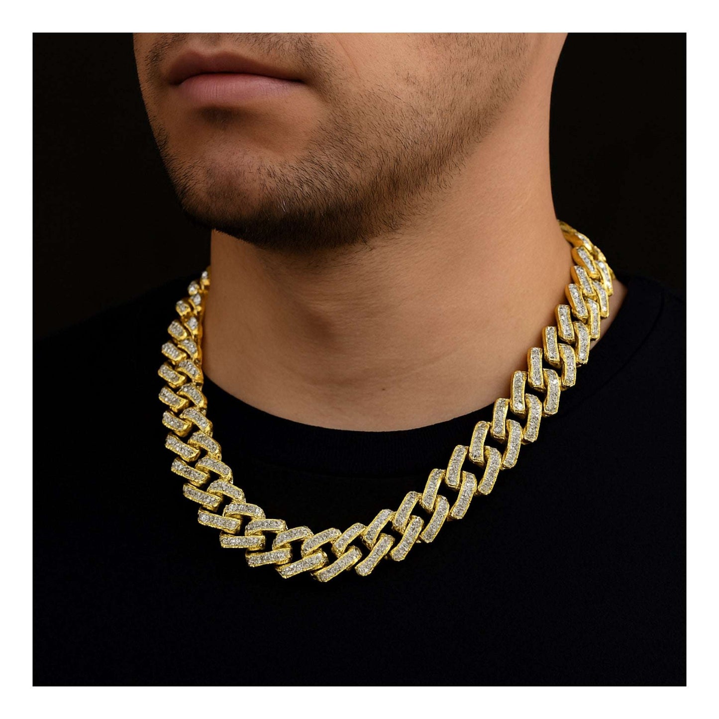 20” 15mm Gold Cuban Link Chain Necklace with Clear CZ – Iced Out Stainless Steel