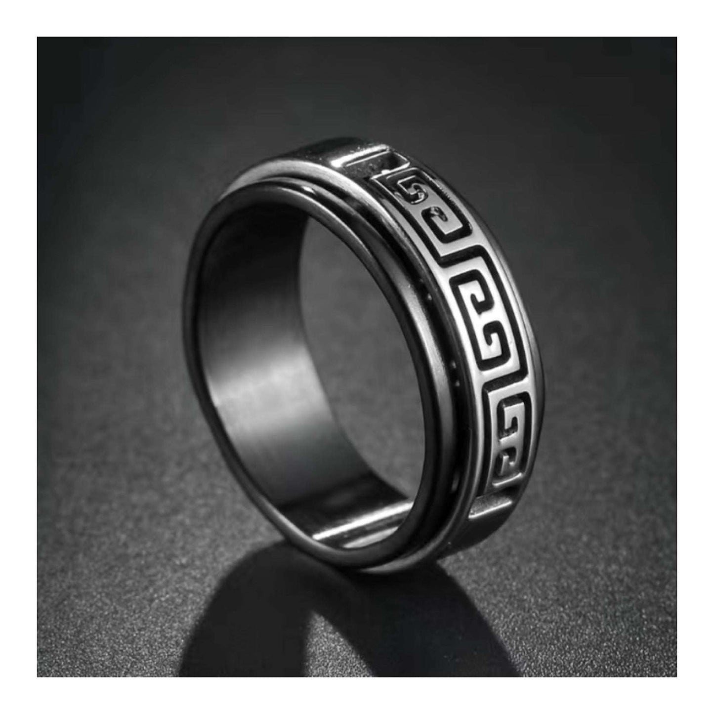 Black & Silver Cutout Greek Key Stainless Steel Anxiety Fidget Spinner Ring