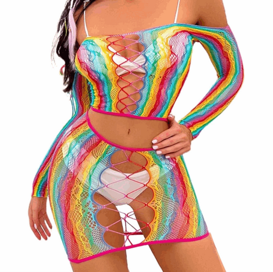 Rainbow Mesh Fishnet Dress Rave Festival Outfit Swim Cover