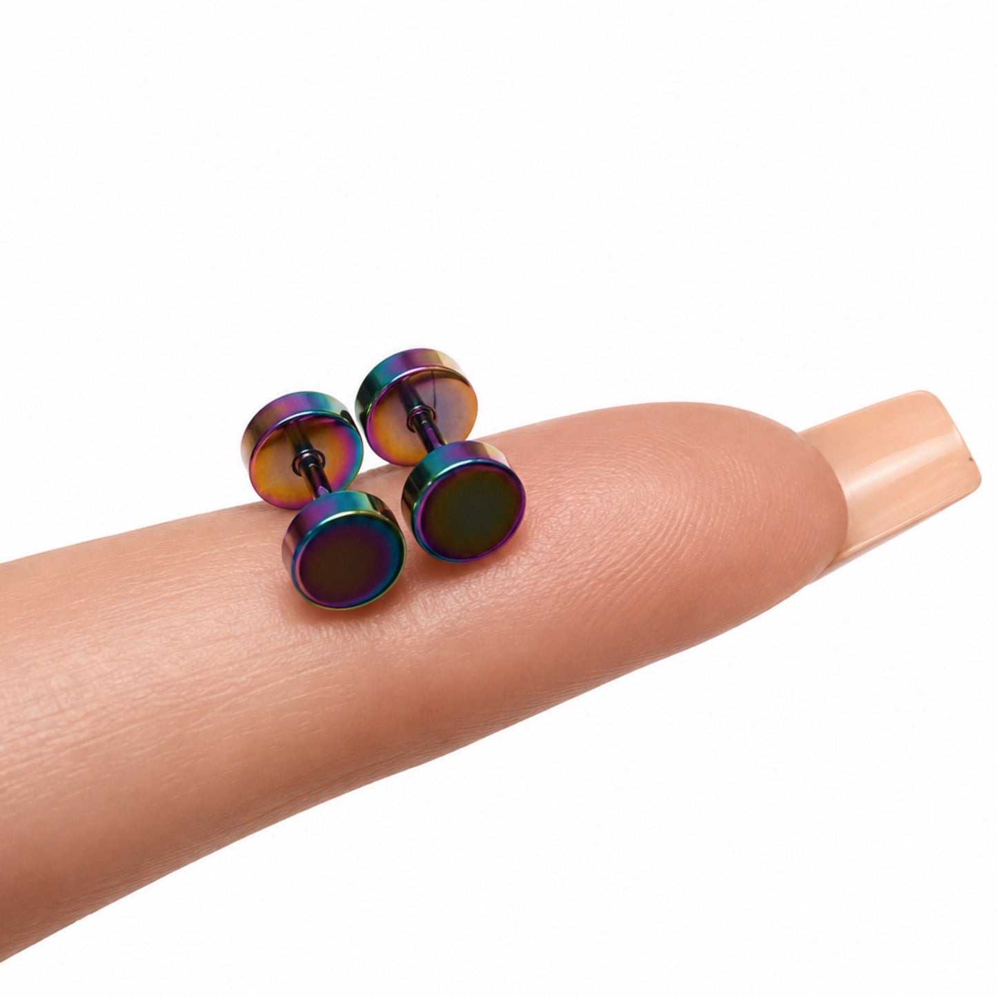 Rainbow Oil Slick Faux Gauge Fake Plug Earrings – 18G Studs 6mm
