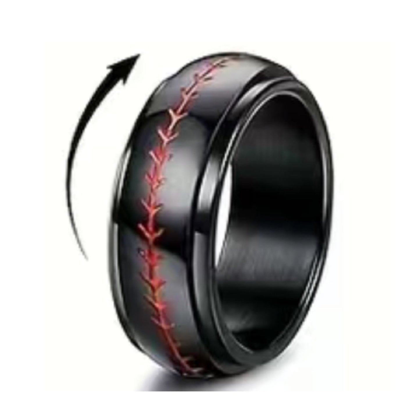 Black Red Baseball Stitch Stainless Steel Anxiety Fidget Spinner Ring