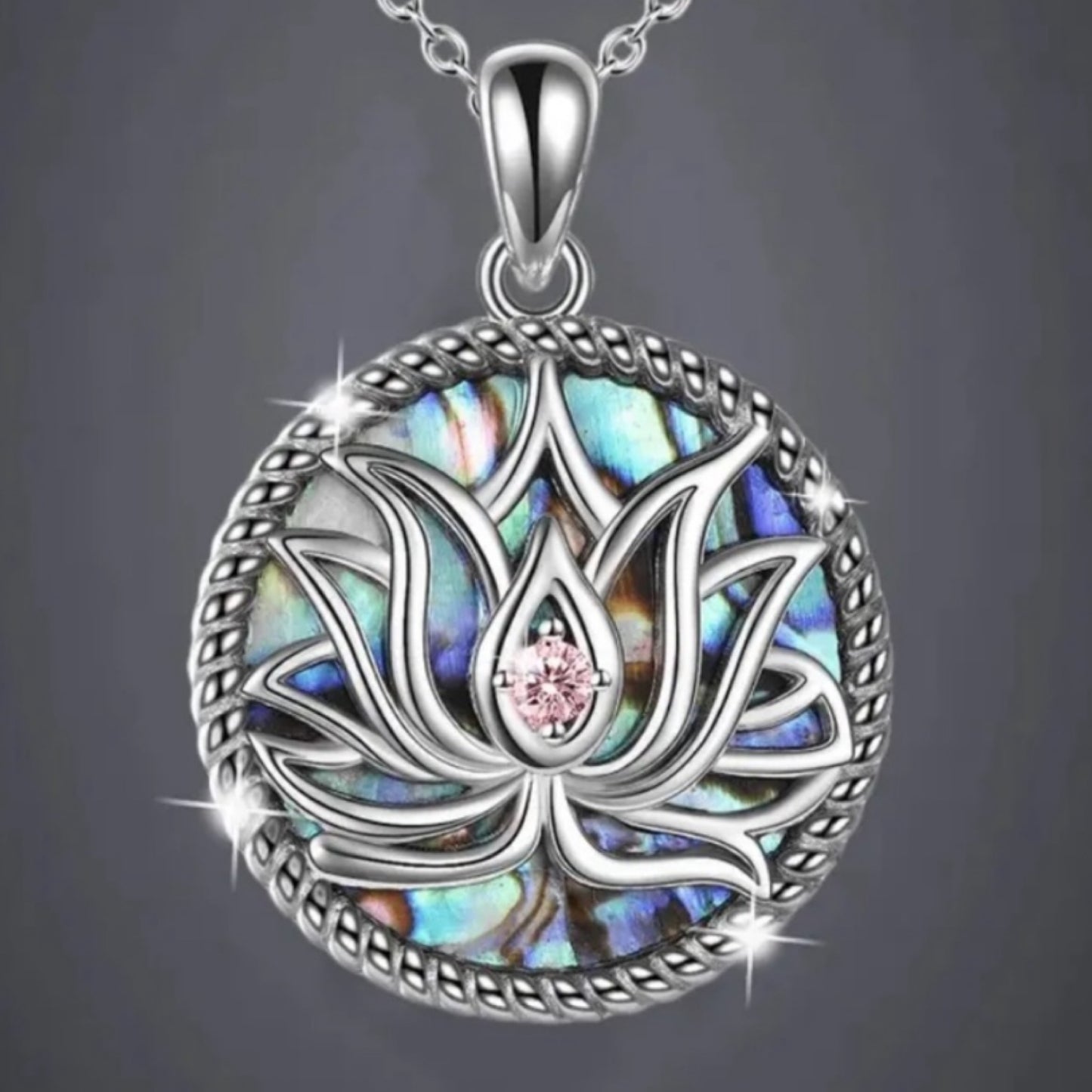 Lotus Flower Abalone Shell Pendant Necklace with Pink CZ – Hypoallergenic Stainless Steel, 18” Chain