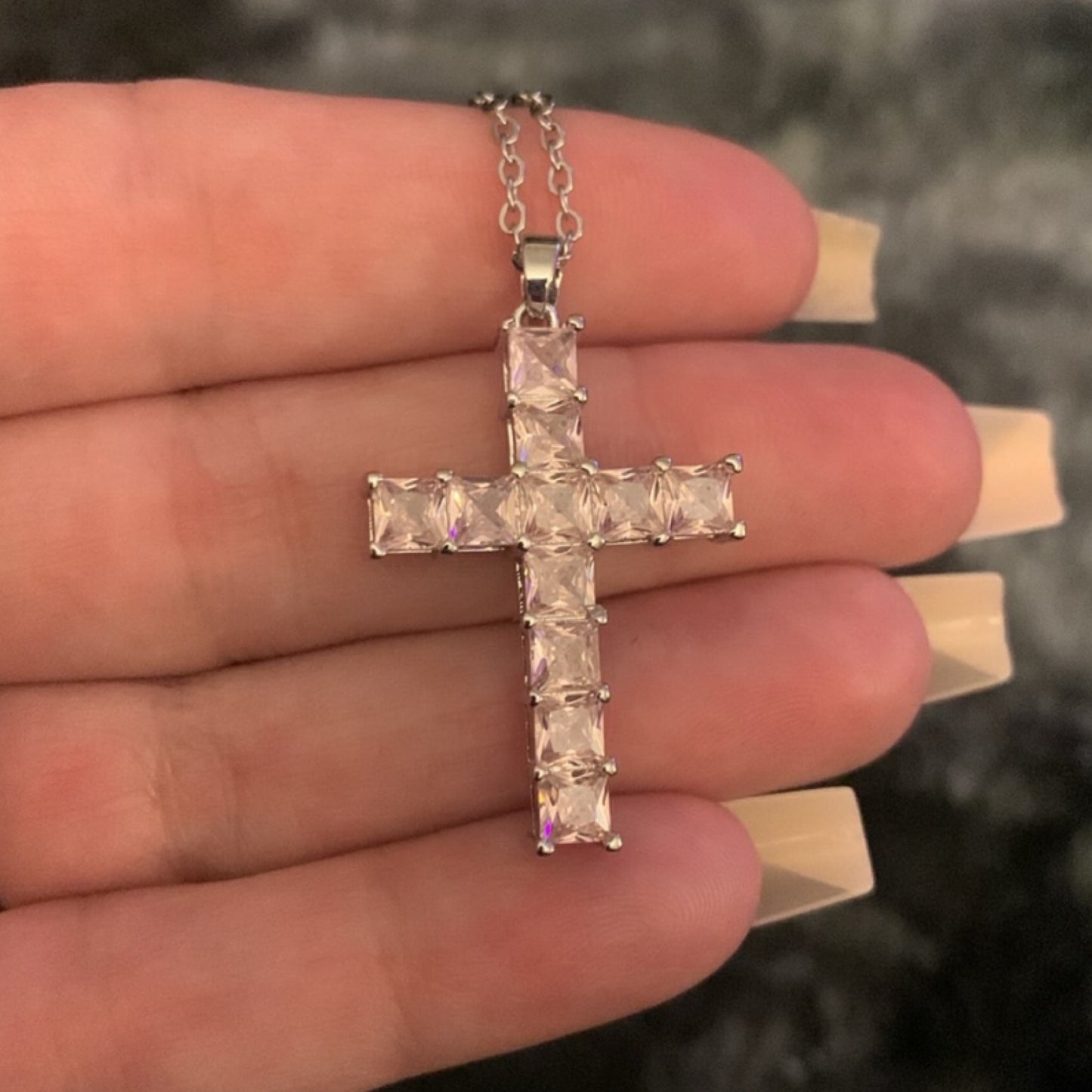 Silver Pink CZ Covered Cross Necklace