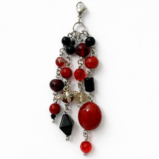 Handmade Red & Black Beaded Bee Charm – Bag Charm Keychain Zipper Pull
