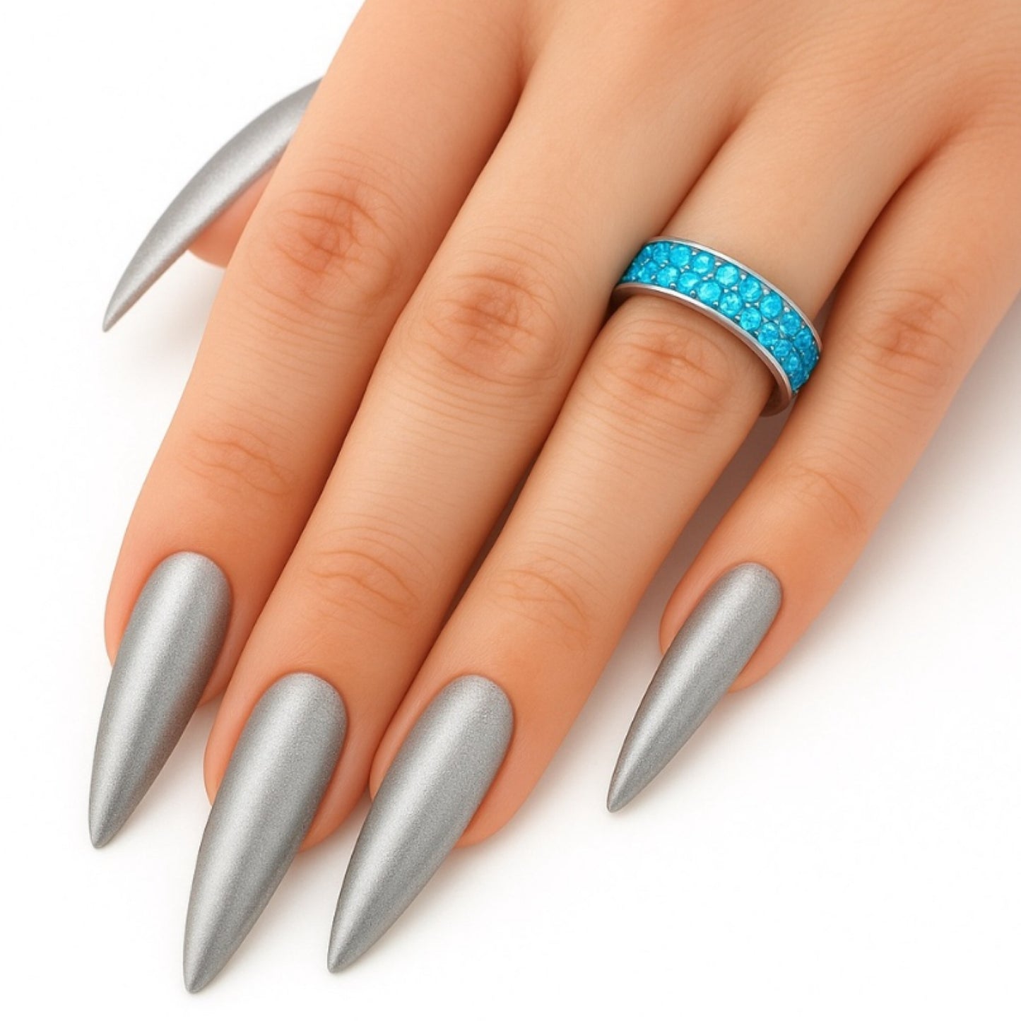 Sparkly Aqua Blue Crystal Eternity Band Ring | Stainless Steel | Hypoallergenic