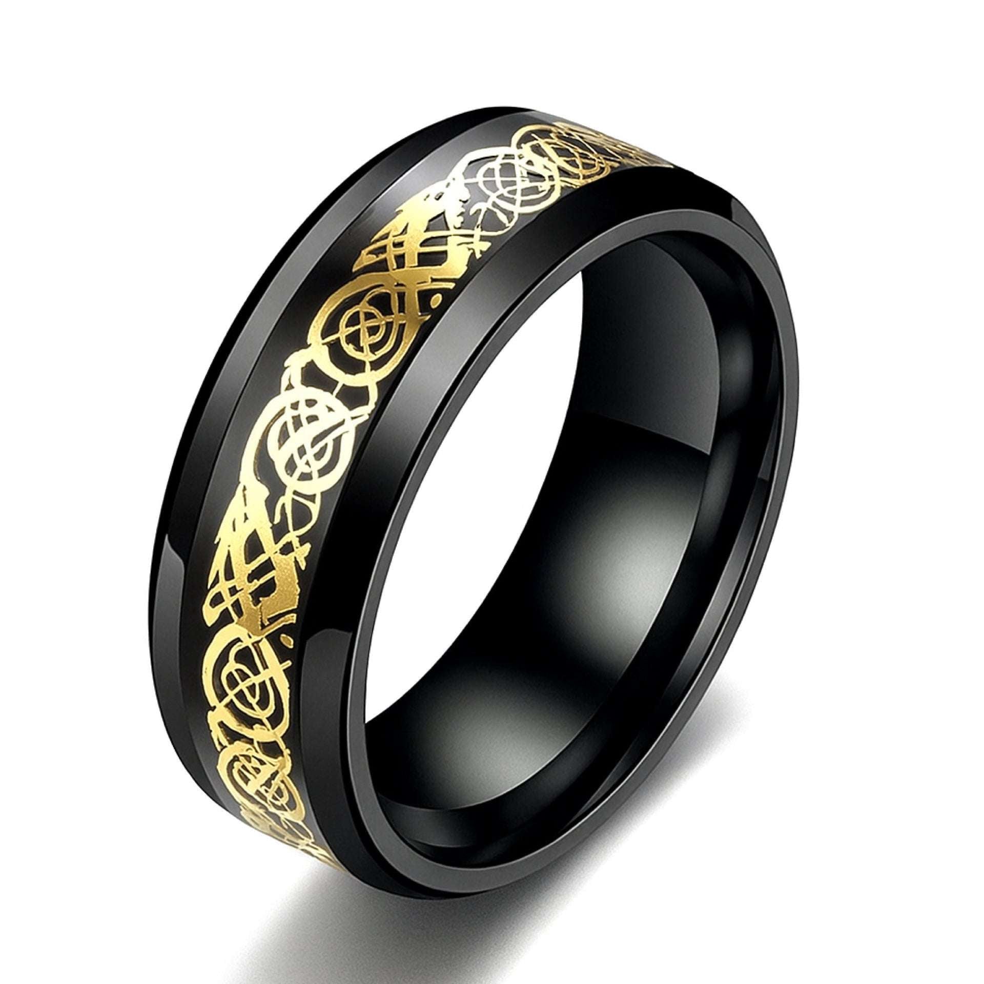 Men’s Black Stainless Steel Ring with Gold Celtic Knot Style Inlay – 8mm Band