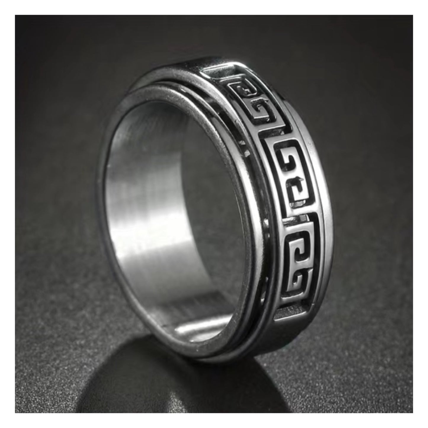 Silver Cutout Greek Key Stainless Steel Anxiety Fidget Spinner Ring