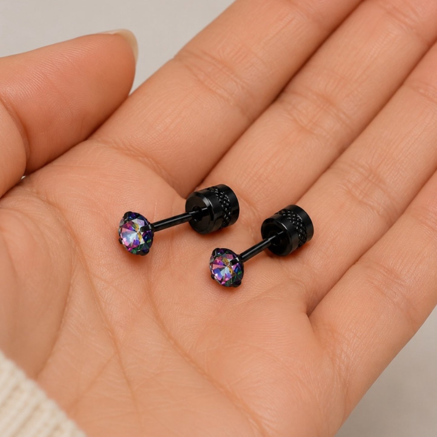 Black Rainbow CZ Double Ended Screw Back Stud Earrings – 3mm