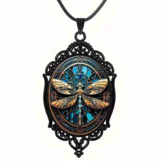 Vintage Boho Goth Dragonfly Pendant Necklace