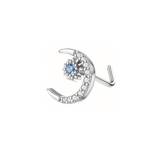 Silver CZ Moon L Shaped Nose Ring