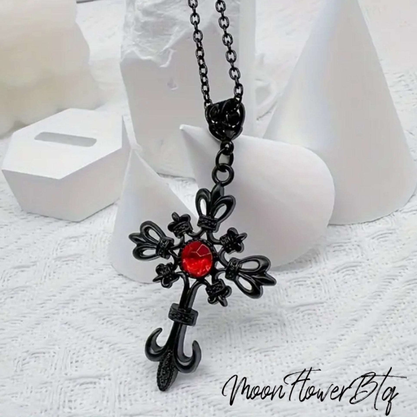 Vintage Gothic Black Red CZ Cross Pendant Necklace