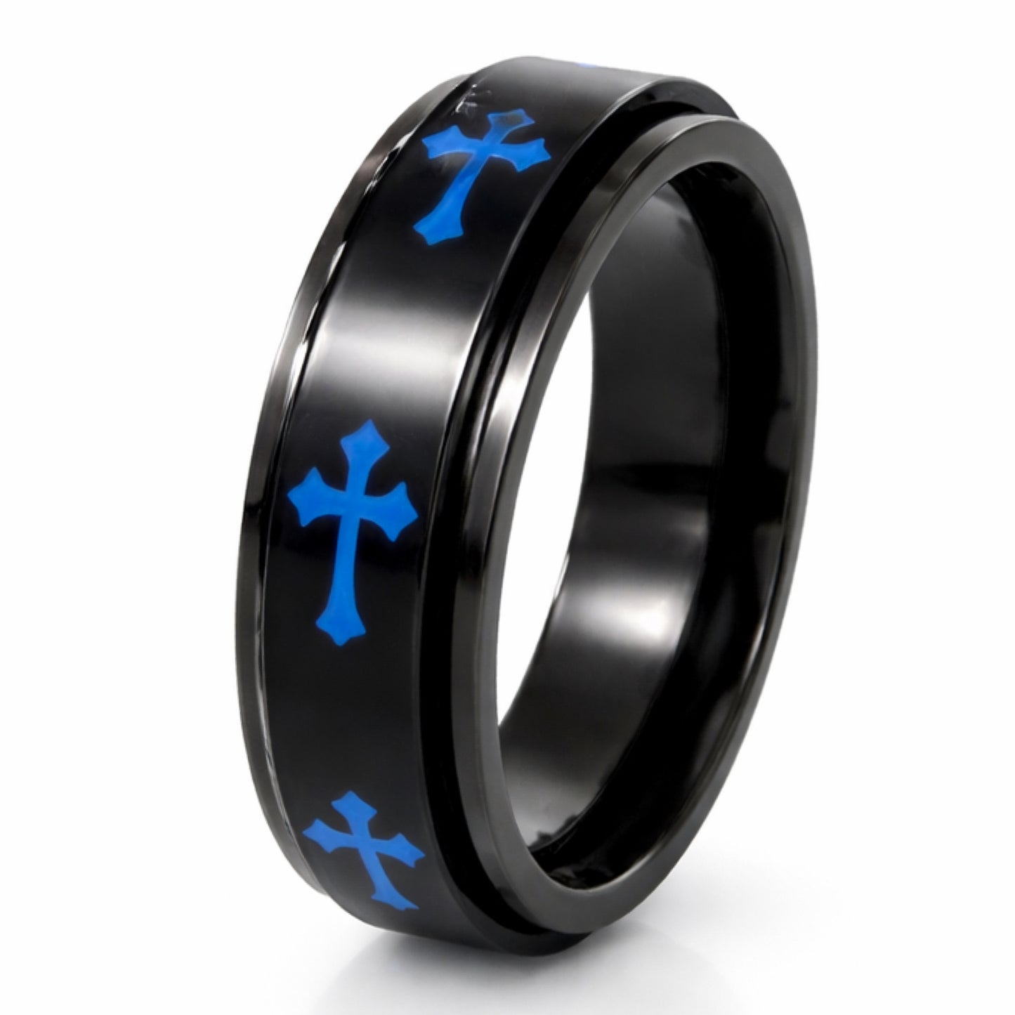Black Stainless Steel Spinner Ring with Blue Cross Design