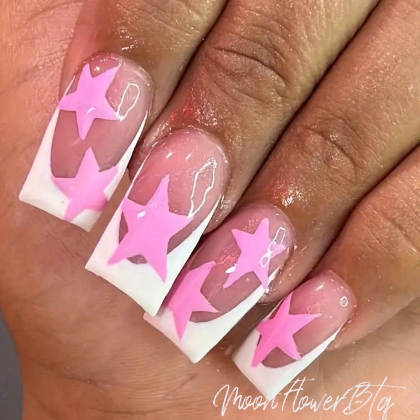 French Tip Pink Star Square Nails