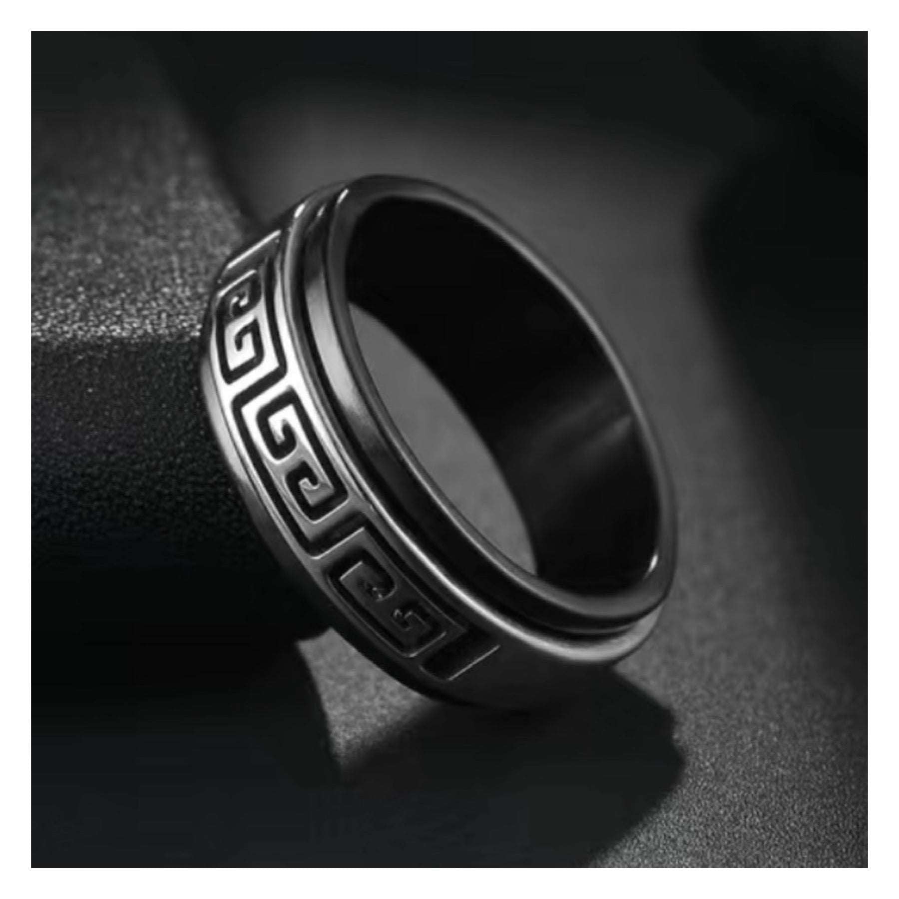 Black & Silver Cutout Greek Key Stainless Steel Anxiety Fidget Spinner Ring