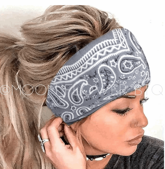 Boho Turban Headband Ear Warmer Gray Paisley Print