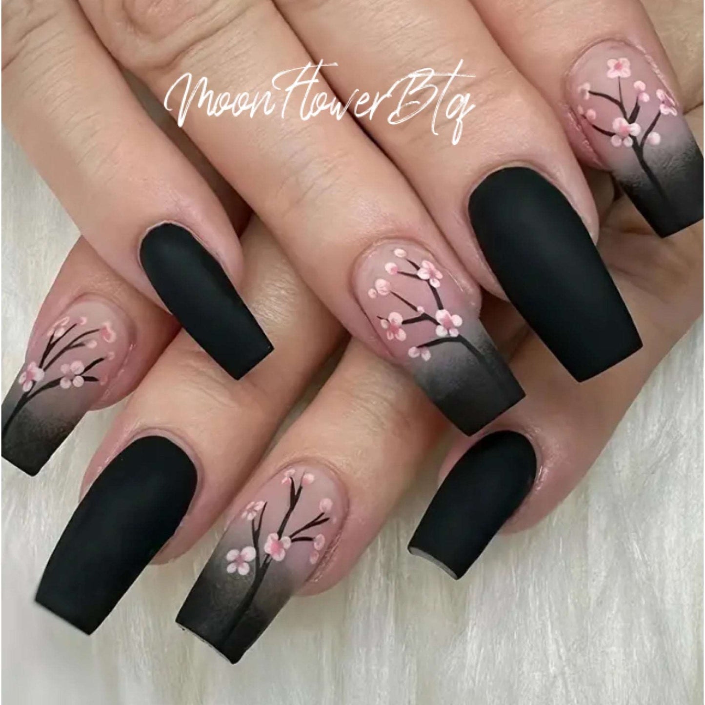 Black and Pink Cherry Blossom Oval Nails