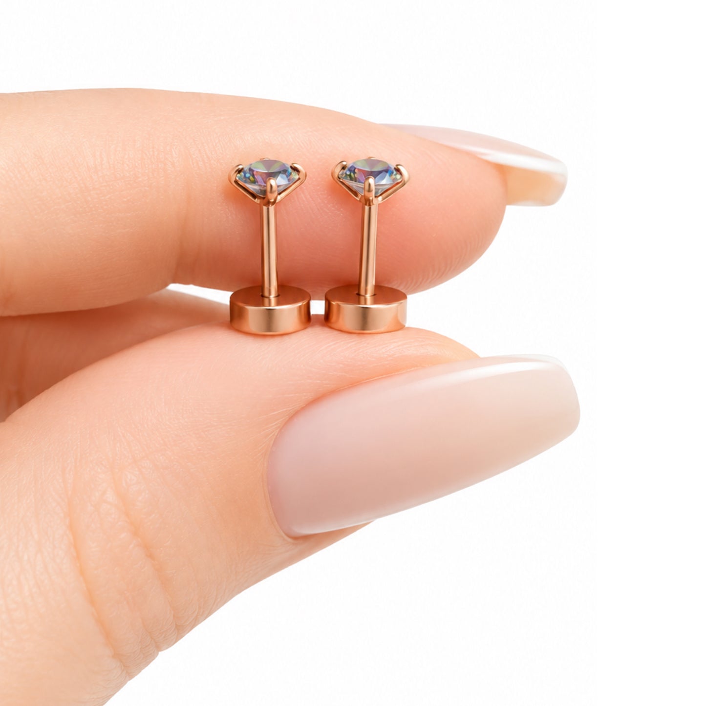 Rose Gold Rainbow CZ Flat Back Stud Earrings