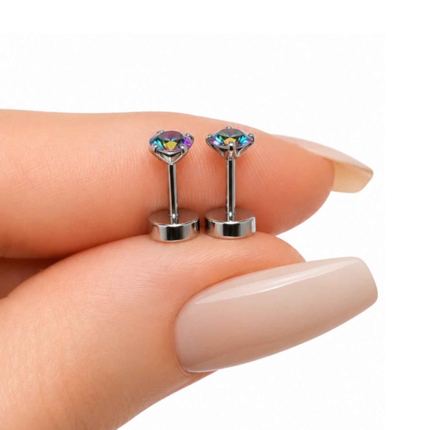 Rainbow CZ Flat Back Stud Earrings