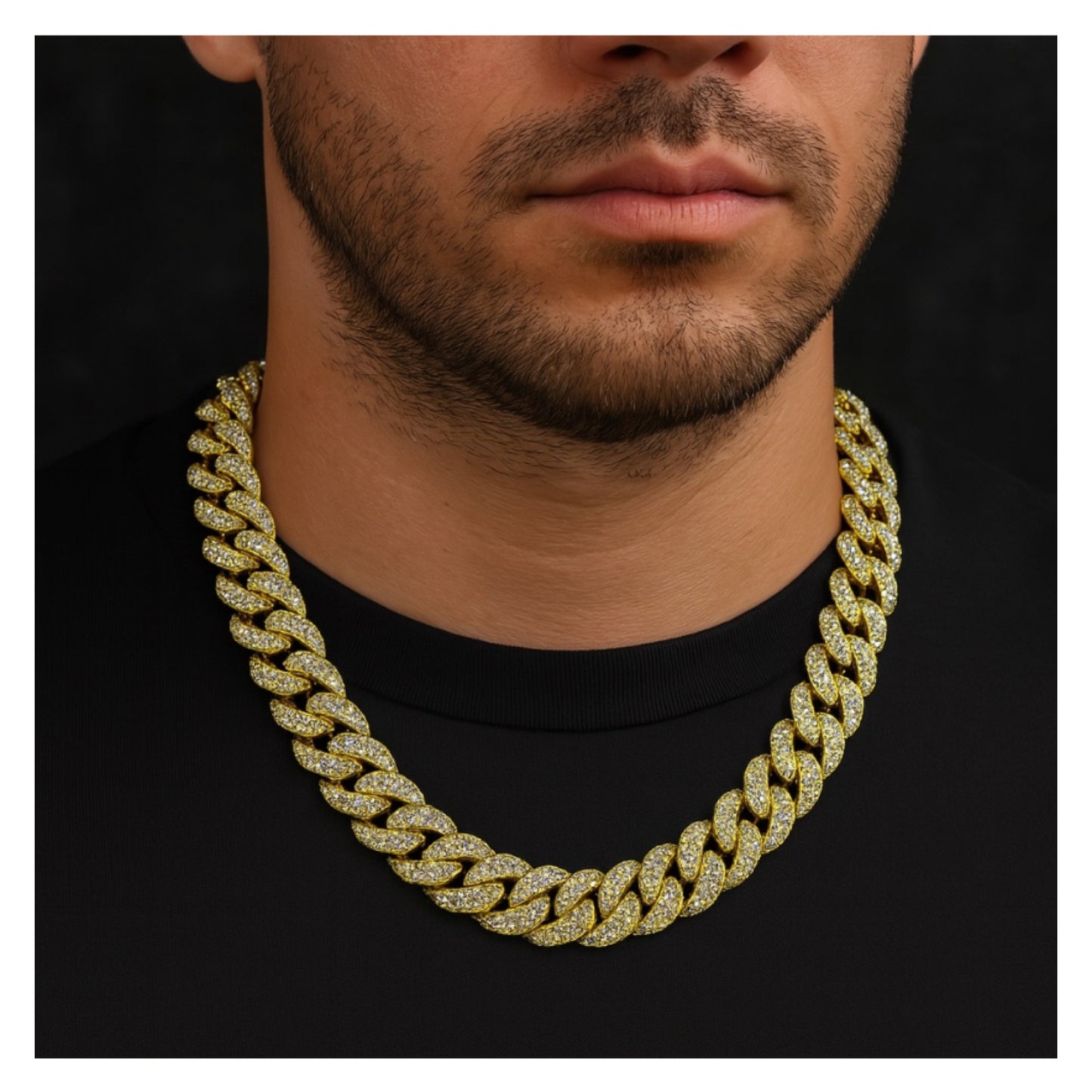Gold 20” 13mm Cuban Link Chain with Clear CZ – Stainless Steel Iced Out Necklace