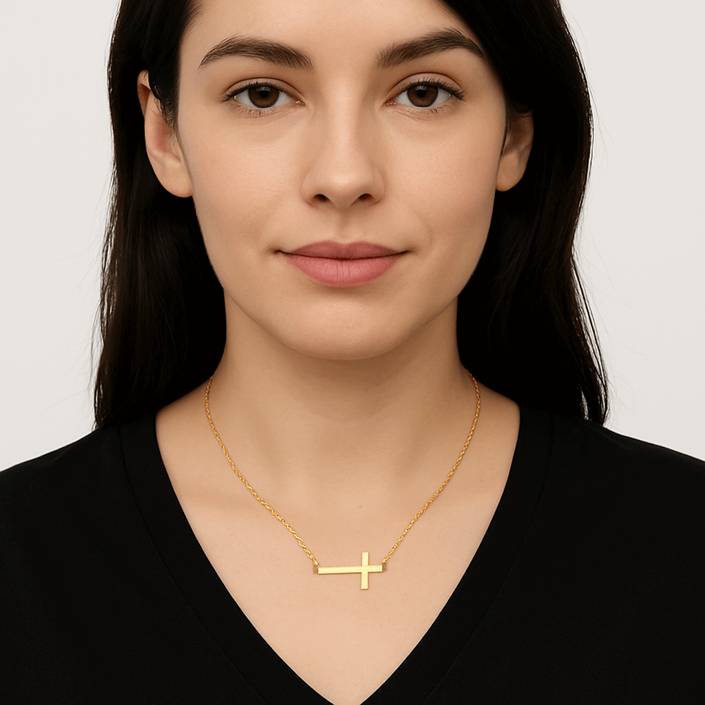 18K Gold Plated Sideways Cross Necklace – Minimalist Horizontal Pendant Chain