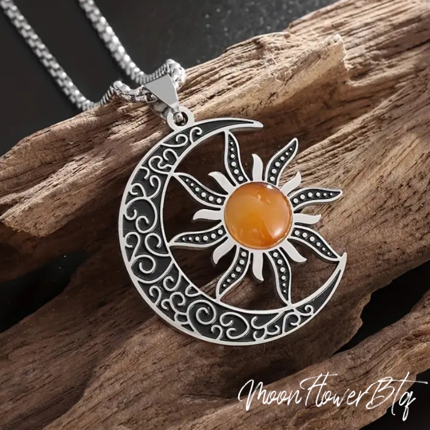 Silver Boho Moon Sun Pendant Necklace