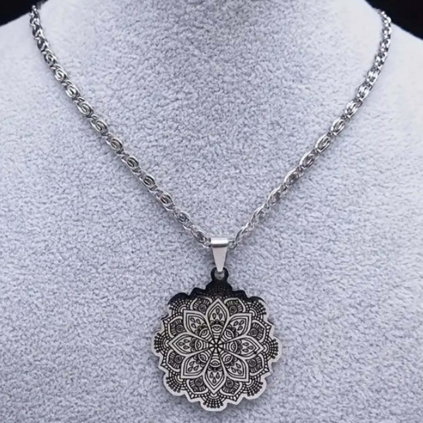 Silver Boho Mandala Pendant Necklace